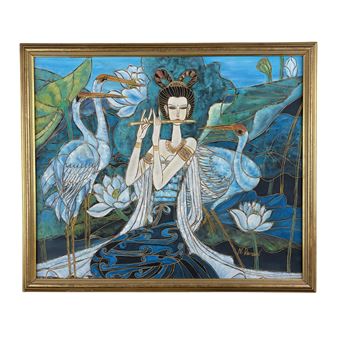 LADY WITH LOTUS AND CRANES PAINTING - M. Russel