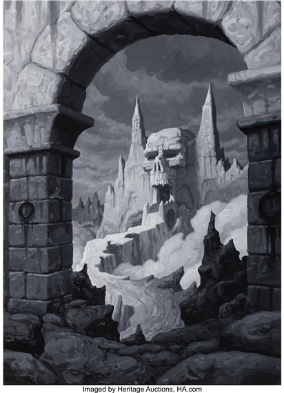 A black and white painting of a castle in the snow.