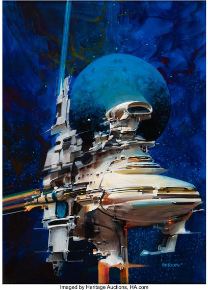 A painting of a spaceship with a blue planet in the background.