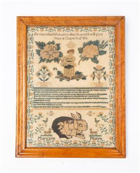 NEEDLEWORK SAMPLER WITH RABBIT, DOGS, AND BIRDS - Margaret Morse