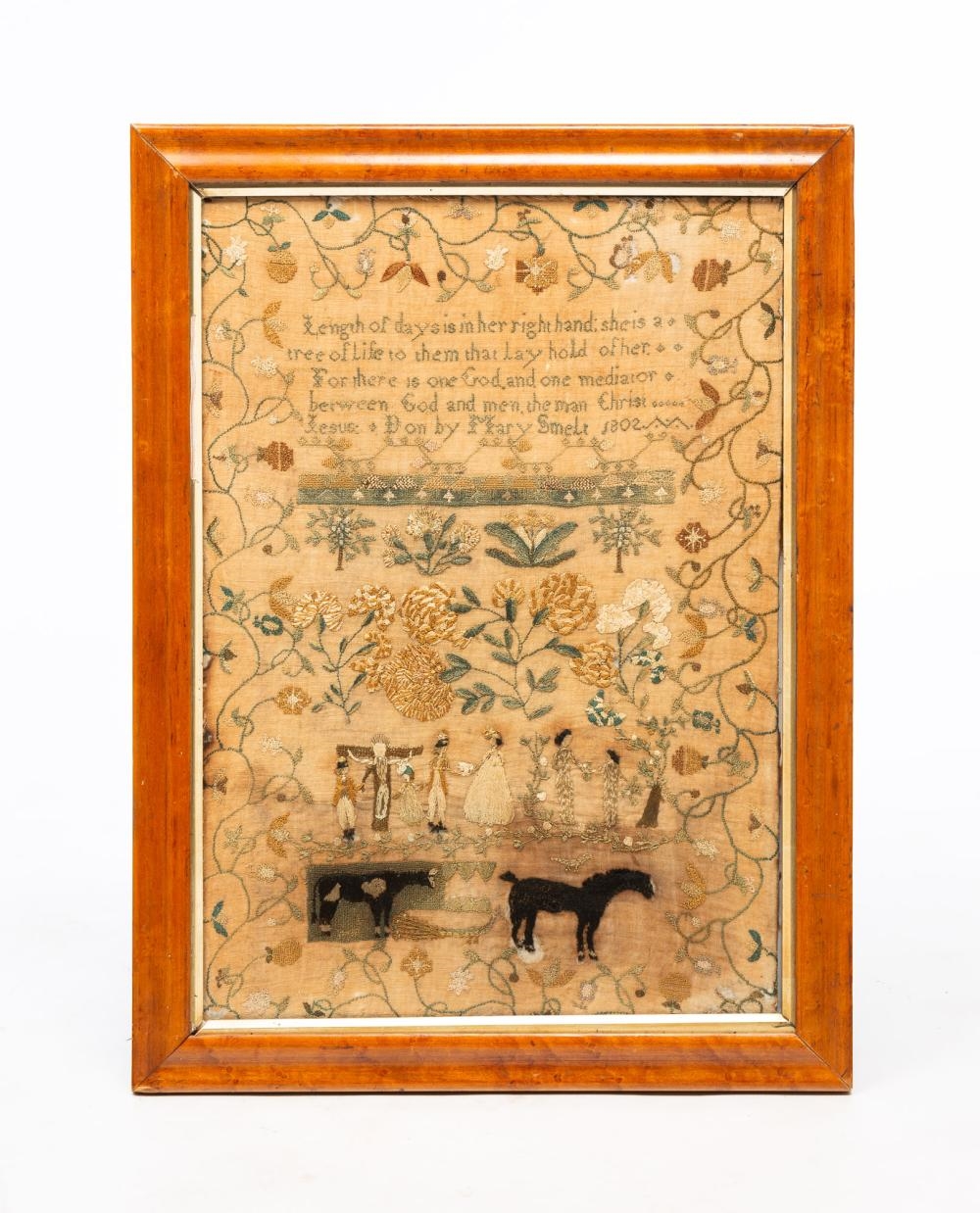 Artwork by Mary Smelt (american OR English), NEEDLEWORK SAMPLER, DATED 1802, Made of Silk On Linen