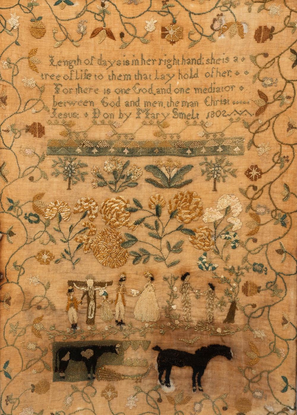 Artwork by Mary Smelt (american OR English), NEEDLEWORK SAMPLER, DATED 1802, Made of Silk On Linen