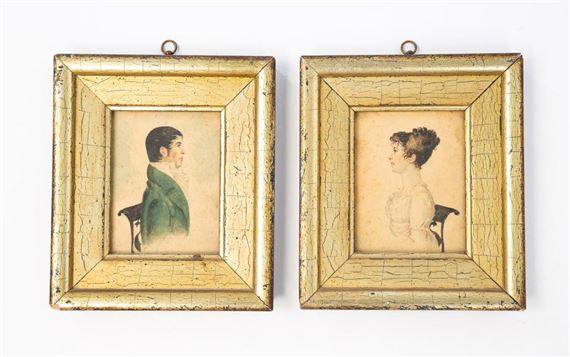 PAIR OF FINE AMERICAN SCHOOL DIMINUTIVE WATERCOLOR WEDDING PORTRAITS OF A HUSBAND AND WIFE