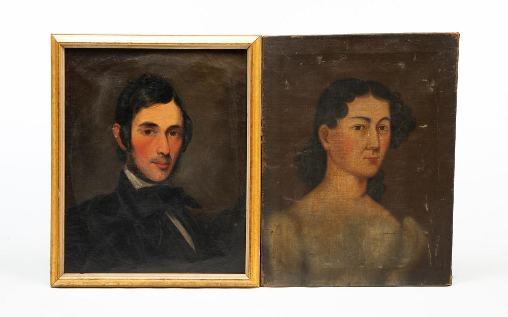 Artwork by American School, 19th Century, TWO AMERICAN SCHOOL OIL ON CANVAS PORTRAITS OF A GENTLEMAN AND LADY, Made of Oil On Canvas