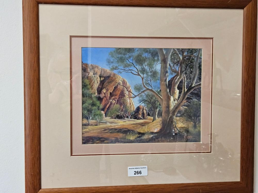 Artwork by Nan Jury, Central Australian Landscape with Gum tree, Made of Oil On Board
