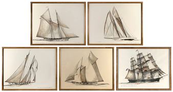 FIVE JAMES R. MITCHELL HAND-COLORED YACHT PRINTS - James R. Mitchell