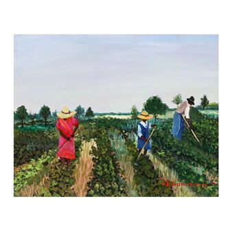 A vibrant oil painting of three figures working in a lush green field under a pale sky.