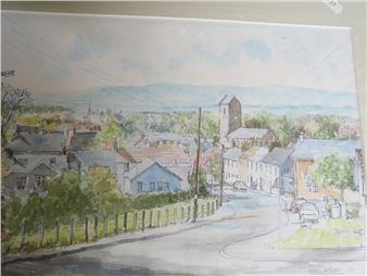 A watercolor painting of a small town with a church in the background.
