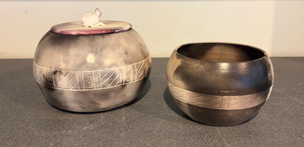Artwork by Glenda Hoy, Pots, One Lidded (2, Made of Sawdust Fired Ceramic