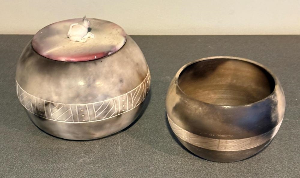 Artwork by Glenda Hoy, Pots, One Lidded (2, Made of Sawdust Fired Ceramic