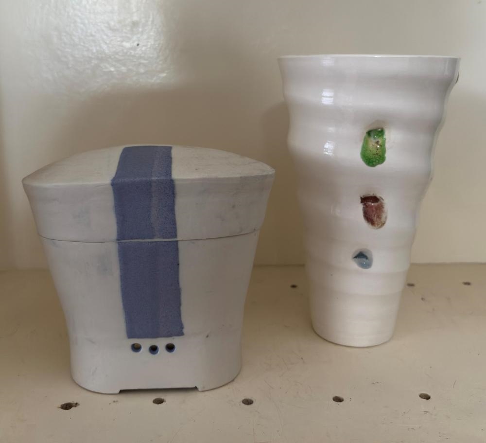 Artwork by Glenda Hoy, Lidded Vessel & Trumpet Vase, Made of Glazed Ceramic
