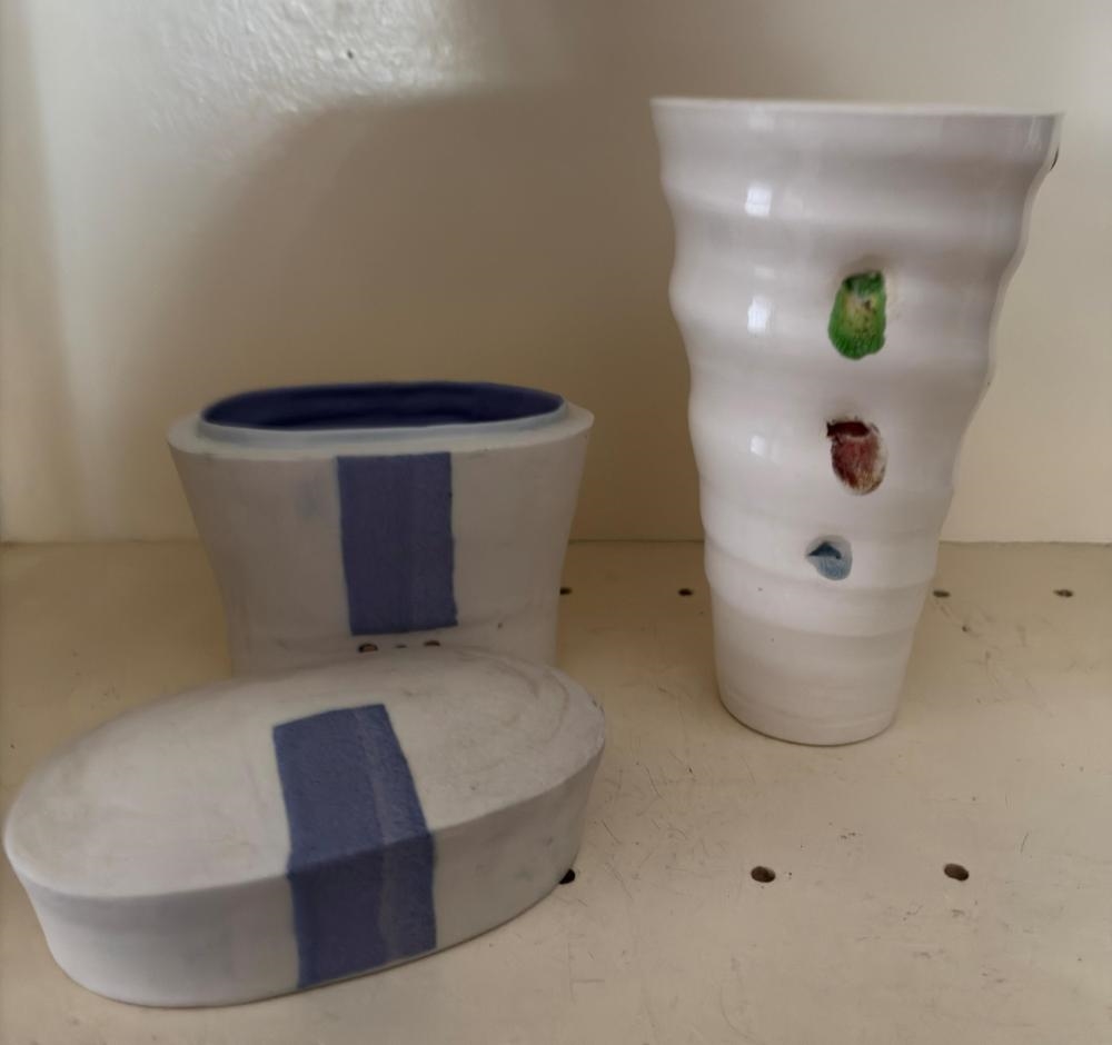 Artwork by Glenda Hoy, Lidded Vessel & Trumpet Vase, Made of Glazed Ceramic