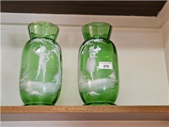 green glass girl and boy painted pair of vases - Mary Gregory