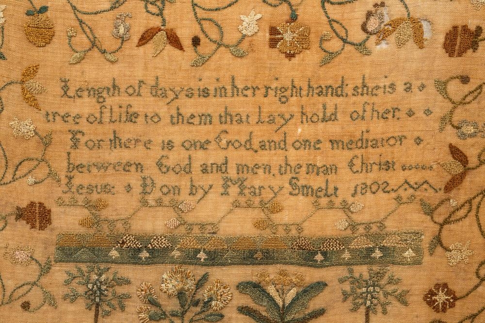 Artwork by Mary Smelt (american OR English), NEEDLEWORK SAMPLER, DATED 1802, Made of Silk On Linen