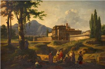 A classical landscape painting featuring a group of figures in the foreground and a fortified building nestled among hills.