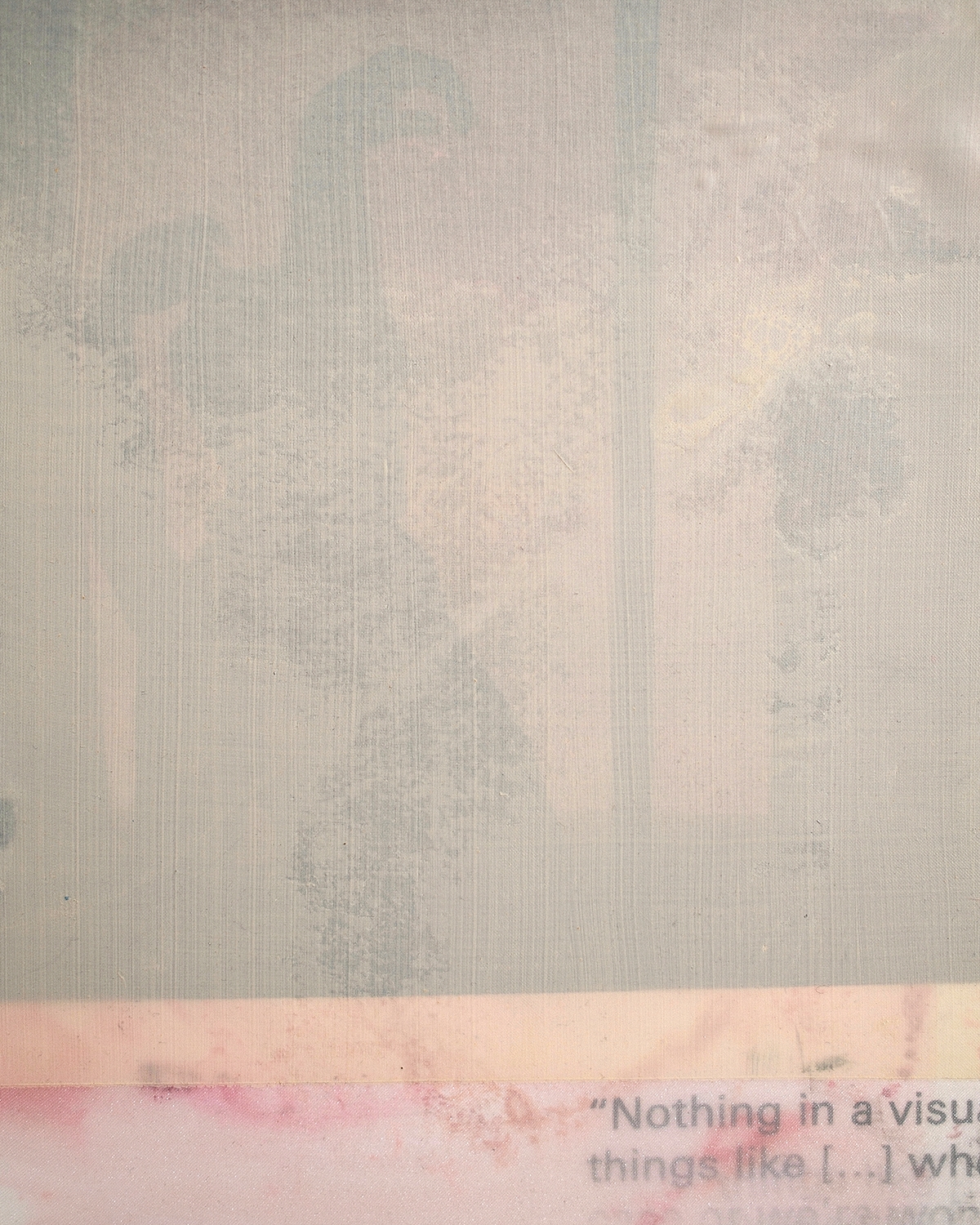 A layered mixed-media artwork featuring a split composition of warm and cool tones with a central photograph.