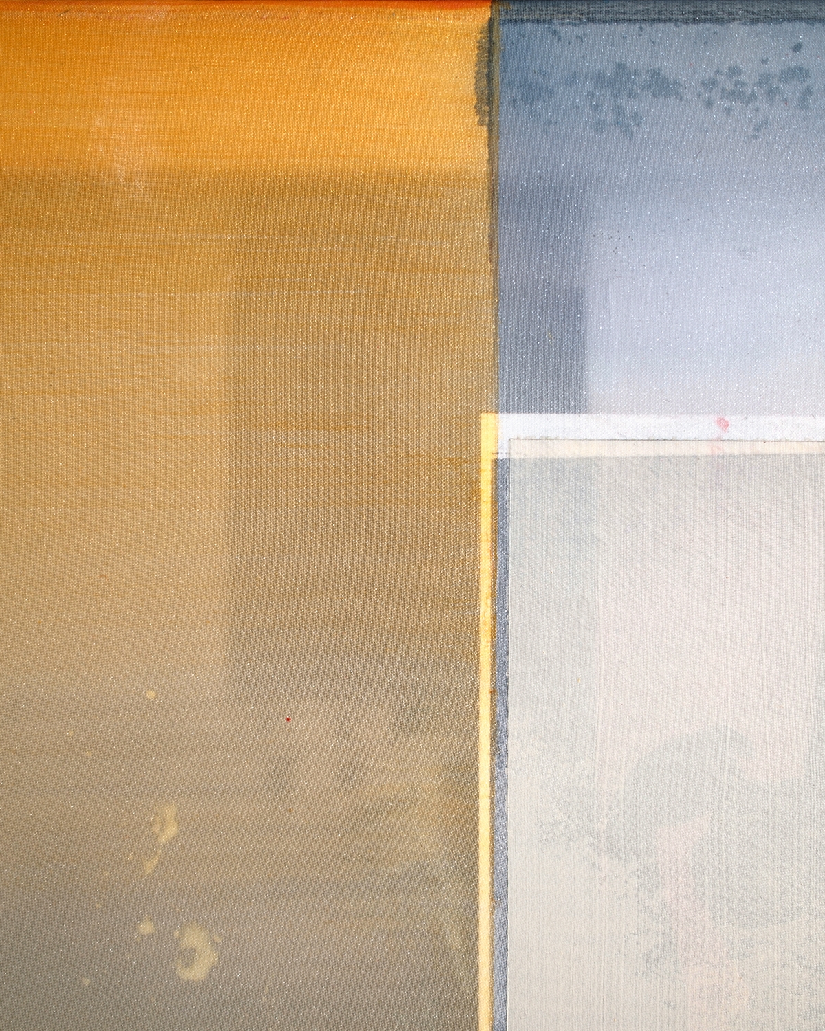 A layered mixed-media artwork featuring a split composition of warm and cool tones with a central photograph.