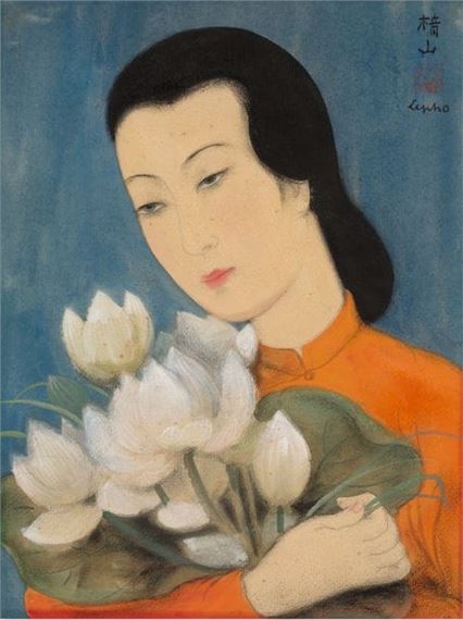 Young Woman with Lotus Flowers