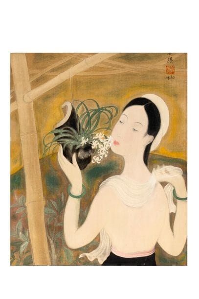 Artwork by Lê Phổ, Jeune fille aux orchidées, Made of Ink And Color On Silk