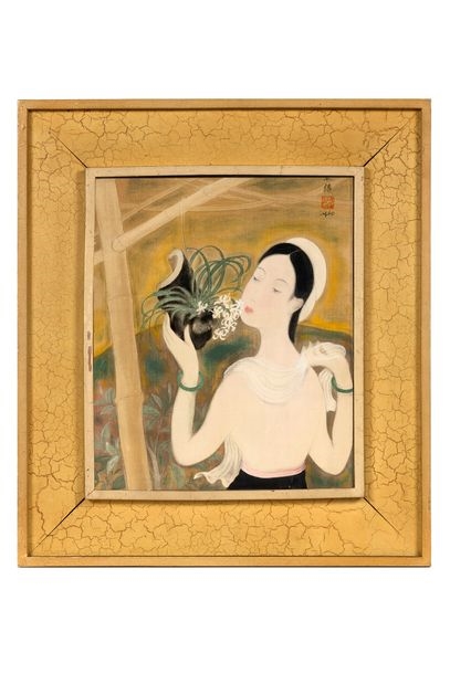 Artwork by Lê Phổ, Jeune fille aux orchidées, Made of Ink And Color On Silk