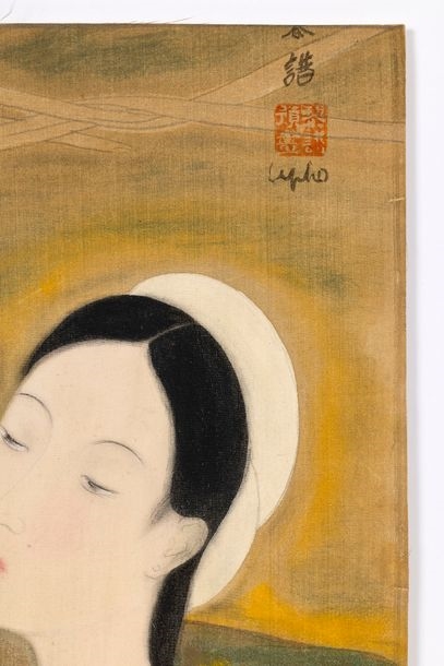 Artwork by Lê Phổ, Jeune fille aux orchidées, Made of Ink And Color On Silk