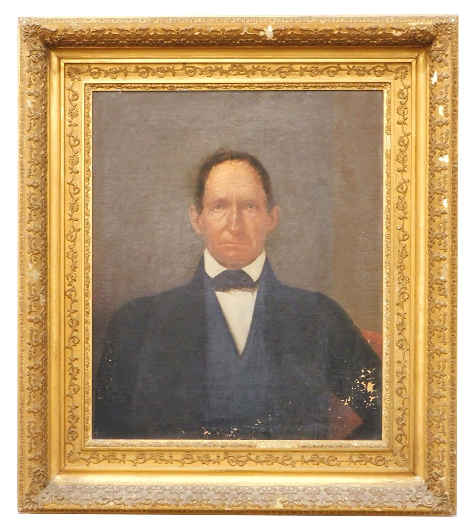 Artwork by Bass Otis, Portraits: Stern gentleman in black suit; Woman with bonnet and spectacles, Made of Oil on Canvas (2)