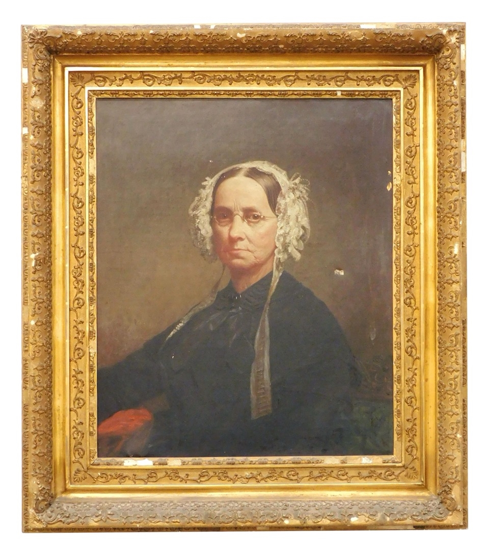 Artwork by Bass Otis, Portraits: Stern gentleman in black suit; Woman with bonnet and spectacles, Made of Oil on Canvas (2)