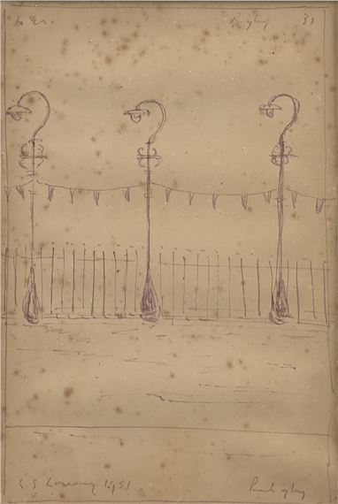 Three Lampposts and Bunting by Laurence Stephen Lowry, 1951