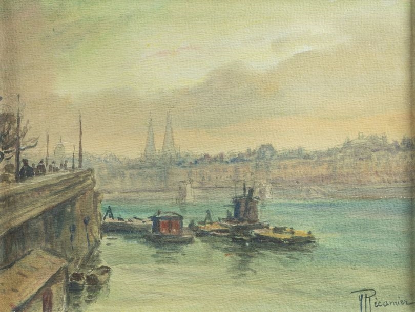 Artwork by Yvonne Récamier, Lyon, La Saône and the steeples of Saint-Nizier, Made of Watercolor