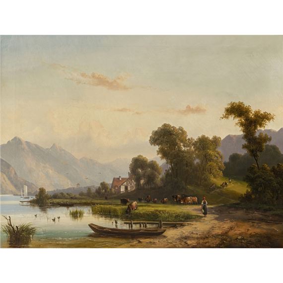 Summer lakeshore with a peasant woman and cows by Anton Doll, 1826