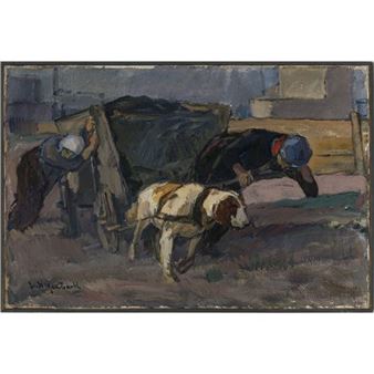 Two women and a dog pulling the coal wagon - Emanuel Hegenbarth
