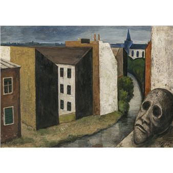 A painting of a cityscape with a skull in the foreground.