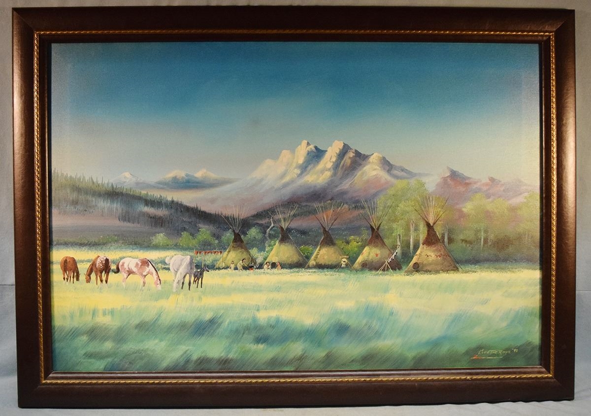 Artwork by Clarence Basil Cuts-the-rope, Morning at Camp Creek Camp, Made of Oil On Board