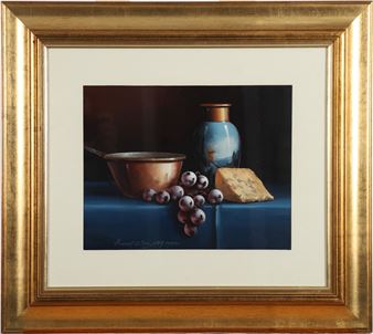 A classical still life painting featuring a copper bowl, blue vase, grapes, and cheese on a blue cloth.