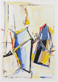 A painting of a blue, yellow, red, and black abstract painting.