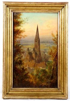 Blick auf Freiburg mit Münster von einem erhöhten Standpunkt aus, die Szenerie wird seitl - Johannes Baptist Dilger