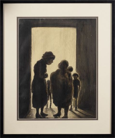 A somber charcoal study of a group of figures in a dimly lit doorway.