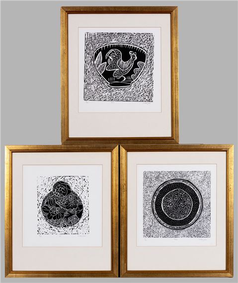 jar, plate and bowl, set of 3x linocuts on paper, signed, titled and numbered in pencil - John Findlay