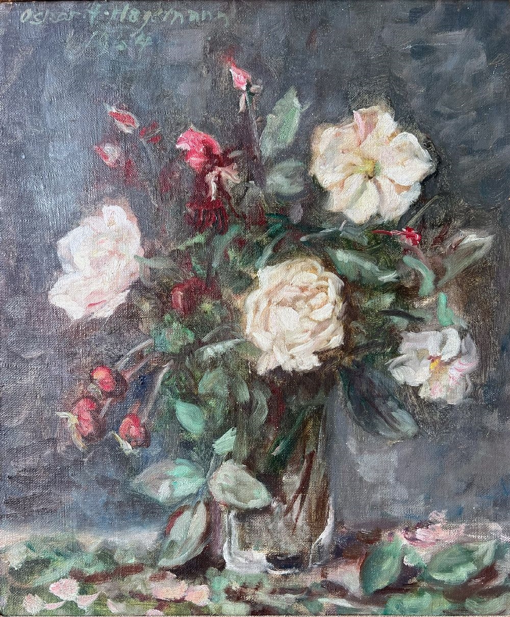 Artwork by Oskar H. Hagemann, Stilleben mit Rosen, Made of Oil / Cardboard