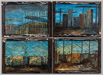 set of 4x oil on board depicting buildings, signed, 26cm by 37cm, (4 - Daniel Mosako