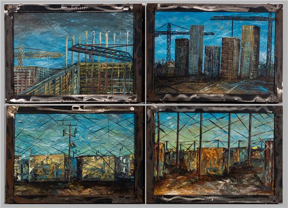 set of 4x oil on board depicting buildings, signed, 26cm by 37cm, (4 by Daniel Mosako