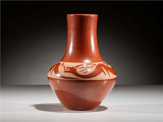 Maria Martinez and Popovi Da
(San Ildefonso, 1887-1980 / 1923-1971)
Redware Pottery Vase, Signed TwiceOctober 1963