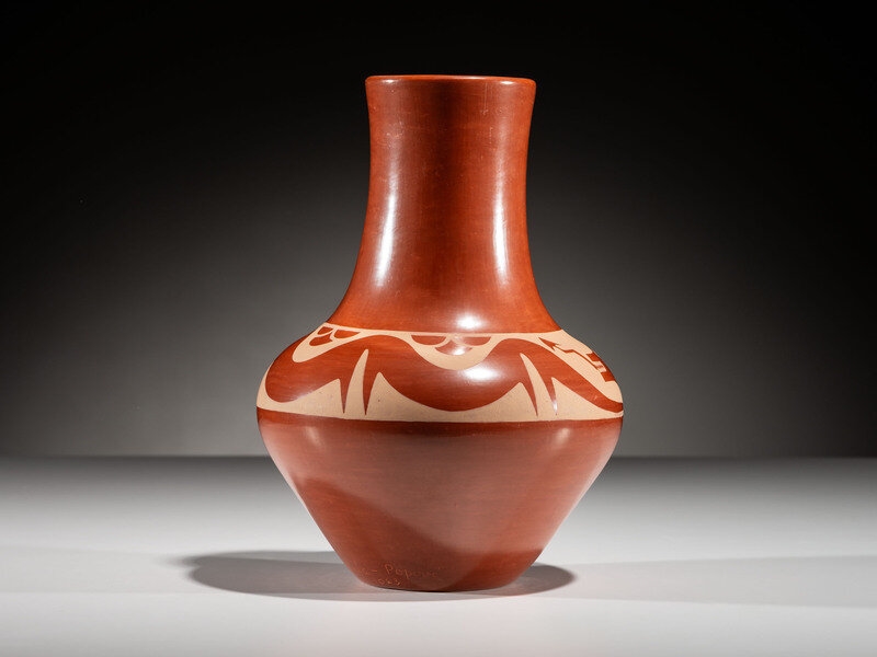 Artwork by Maria Montoya Martinez, Popovi Da, Maria Martinez and Popovi Da
(San Ildefonso, 1887-1980 / 1923-1971)
Redware Pottery Vase, Signed TwiceOctober 1963, Made of Redware Pottery