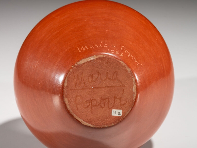 Artwork by Maria Montoya Martinez, Popovi Da, Maria Martinez and Popovi Da
(San Ildefonso, 1887-1980 / 1923-1971)
Redware Pottery Vase, Signed TwiceOctober 1963, Made of Redware Pottery