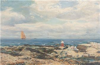 A painting of people sitting on rocks by the ocean.