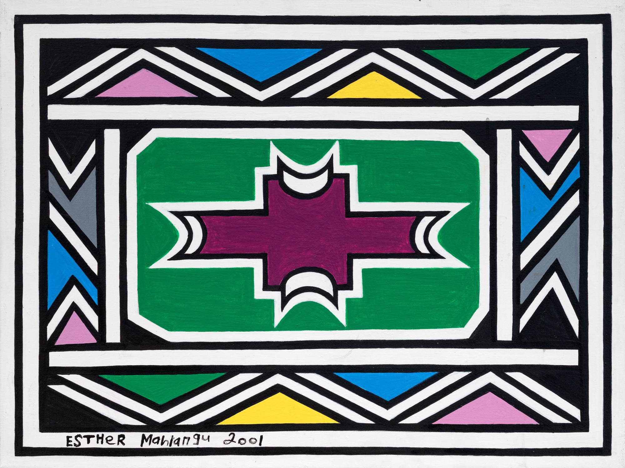 Artwork by Esther Mahlangu, Ndebele abstract, Made of Acrylic On Canvas