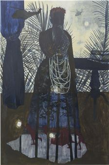 A painting of a woman standing in front of a window.