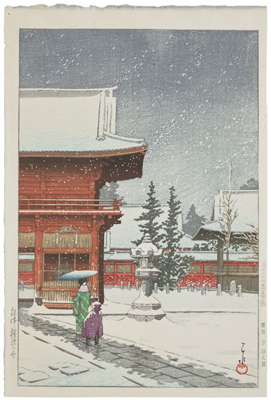 Nezu-gongen no yuki (Snow at Nezu-Gongen Shrine) by Hasui Kawase, dated 1933
