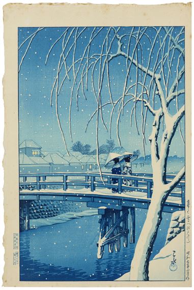 Kure no yuki, Edogawa (Evening snow in Edo river) by Hasui Kawase, dated February 1932