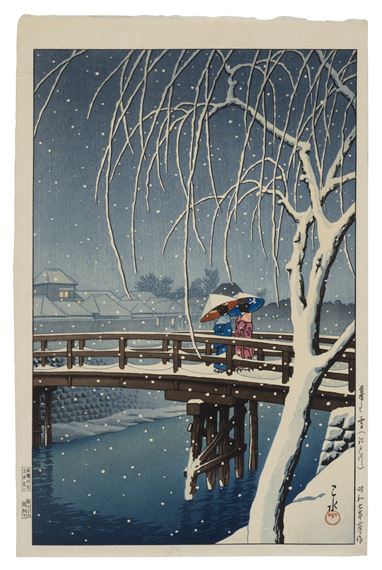 Kure no yuki, Edogawa (Evening snow at Edo River) by Hasui Kawase, dated February 1932